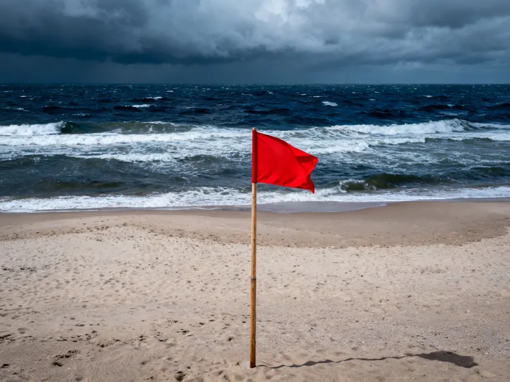Czerwona flaga powiewająca na opustoszałej, bałtyckiej plaży, ostrzegająca przed zakazem kąpieli w morzu.