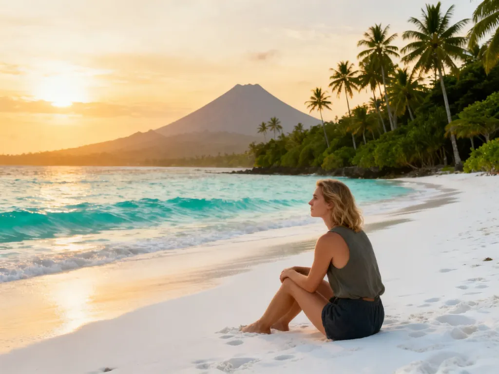 Kobieta siedząca na piaszczystej plaży na Bali podczas wschodu słońca z widokiem na turkusowy ocean i palmy.