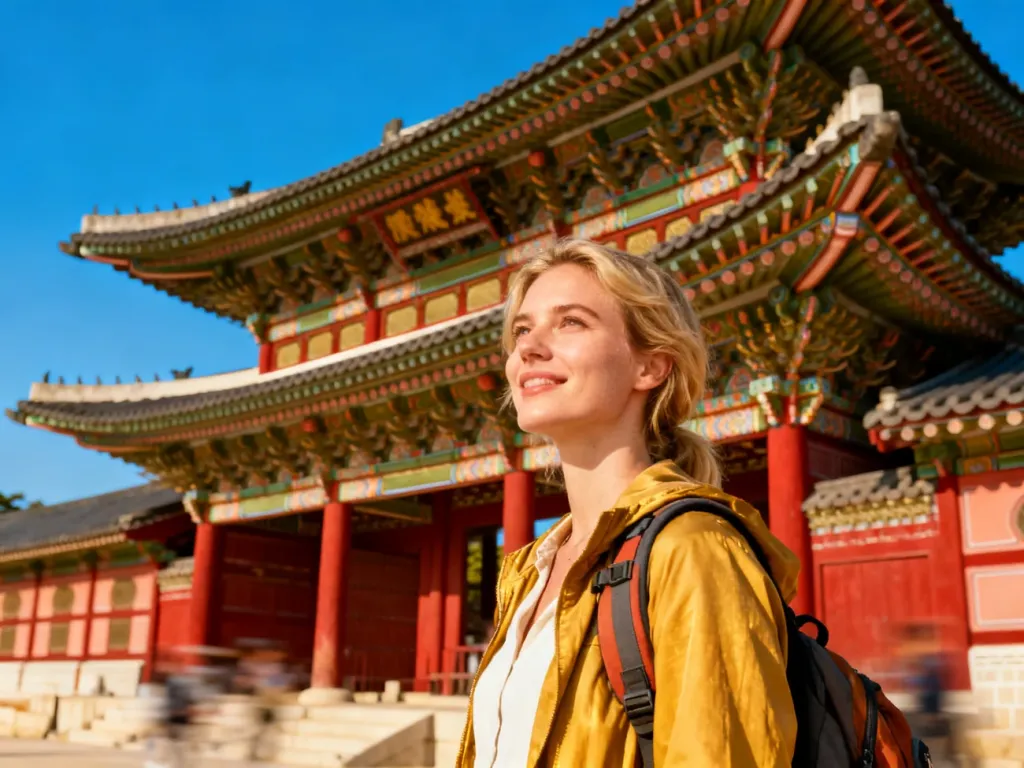 Turystka na tle zabytkowego pałacu Gyeongbokgung w Seulu z tradycyjną koreańską architekturą w tle.