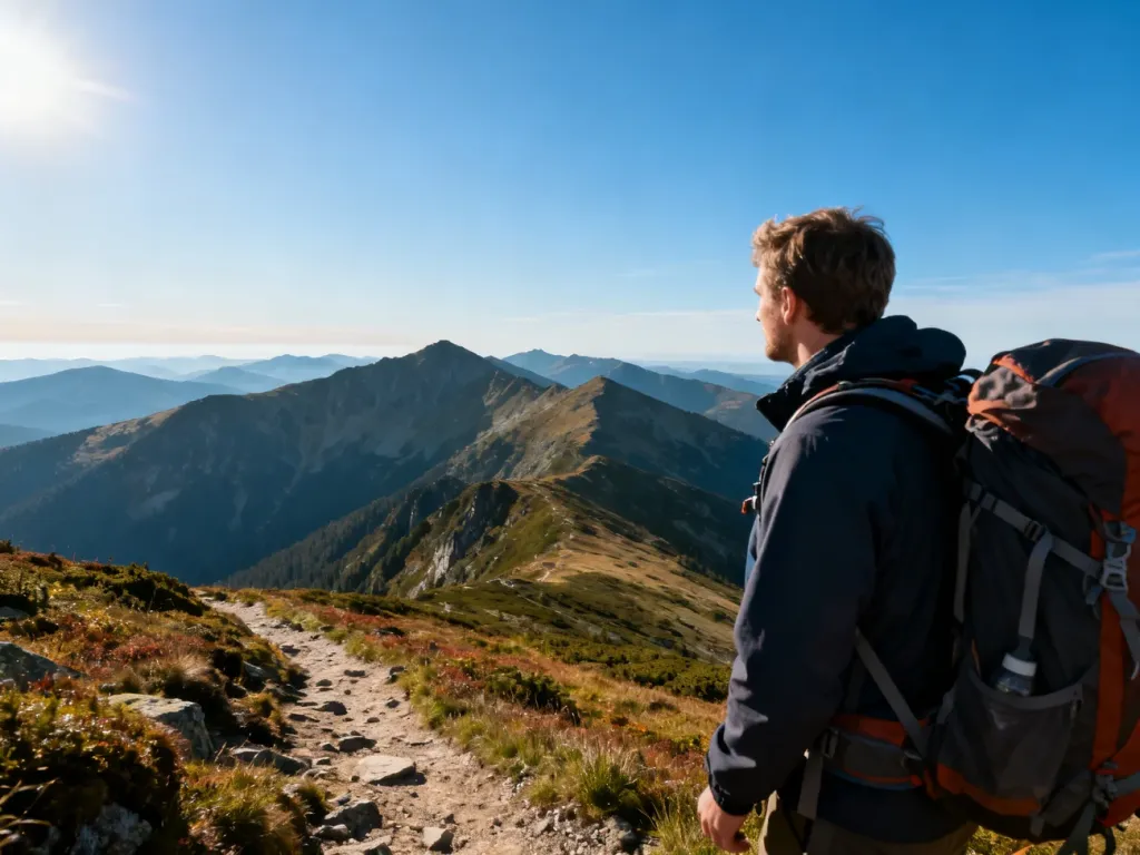 Turysta w stroju trekkingowym podziwia panoramę Karkonoszy na górskim szlaku w słoneczny dzień.