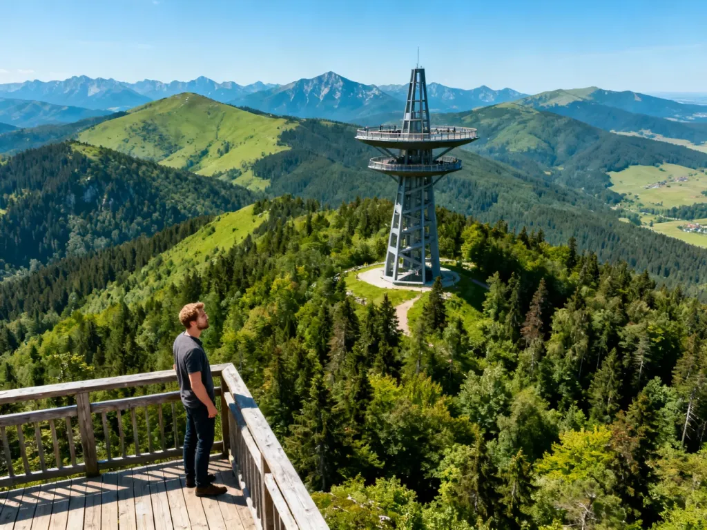 Mężczyzna podziwia panoramę gór z nowoczesnej wieży widokowej otoczonej bujnym lasem.