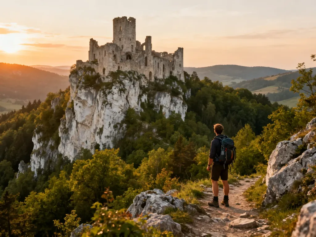 Turysta w stroju trekkingowym podziwia majestatyczne ruiny średniowiecznego zamku na wapiennej skale o zachodzie słońca.