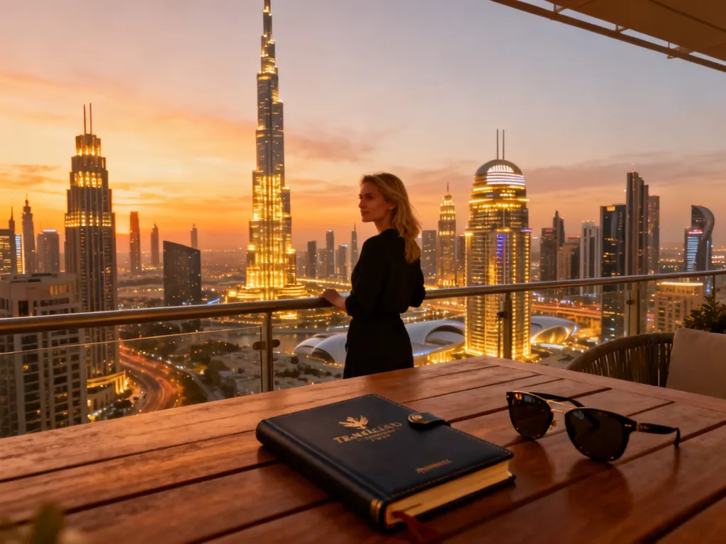 Kobieta na balkonie z widokiem na panoramę Dubaju o zachodzie słońca, z dziennikiem podróży na pierwszym planie.