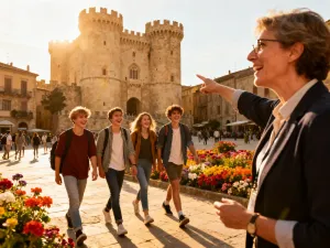 Kobieta podziwiająca panoramę malowniczego miasteczka na klifie nad turkusowym morzem w świetle zachodzącego słońca.