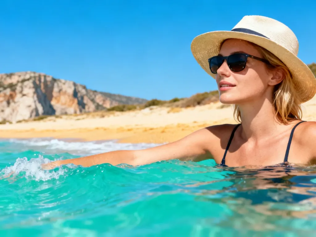 Kobieta w kapeluszu wypoczywająca na słonecznej, piaszczystej plaży z turkusowym morzem w tle podczas wakacji na Cyprze.