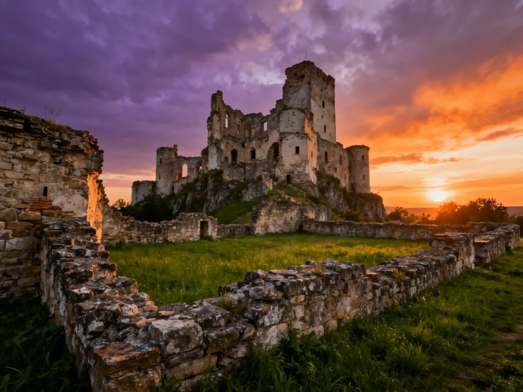 Majestatyczne ruiny zamku w Ząbkowicach Śląskich o zachodzie słońca, otoczone zielenią i historycznymi murami.
