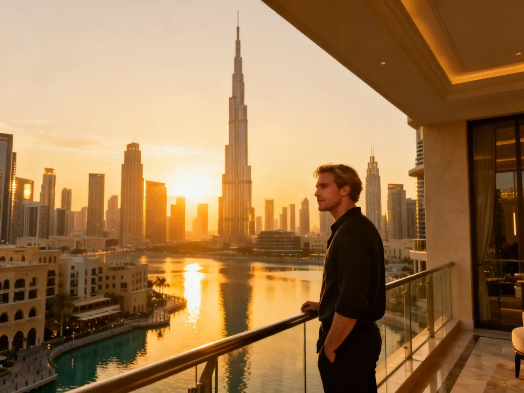 Mężczyzna na luksusowym balkonie podziwia panoramę Dubaju z Burdż Chalifa w świetle zachodzącego słońca.